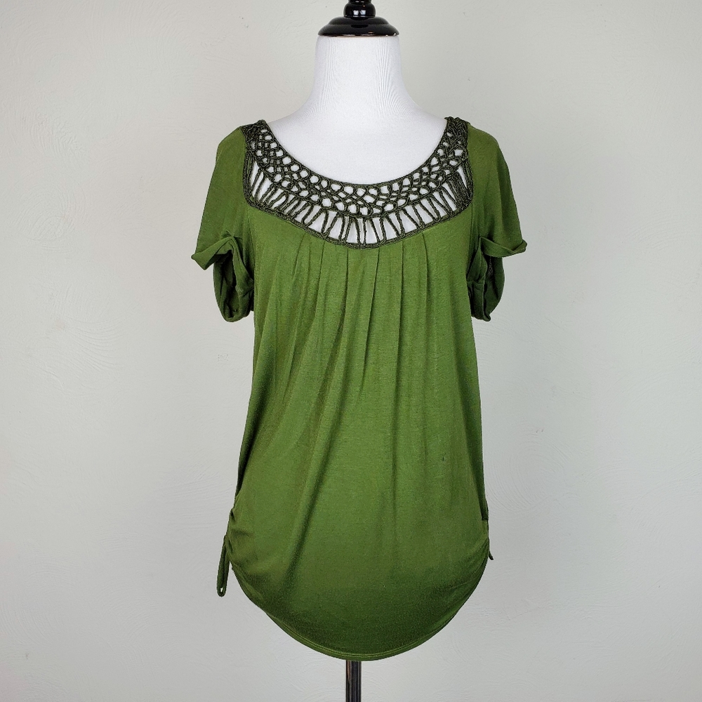 Ella Moss Top Lace Green Ruched Side Embroidered Boho